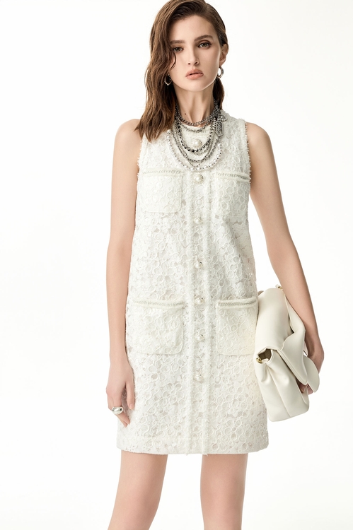 奶油白亮片蕾絲無袖短洋裝,蕾絲裙