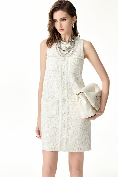 奶油白亮片蕾絲無袖短洋裝,蕾絲裙