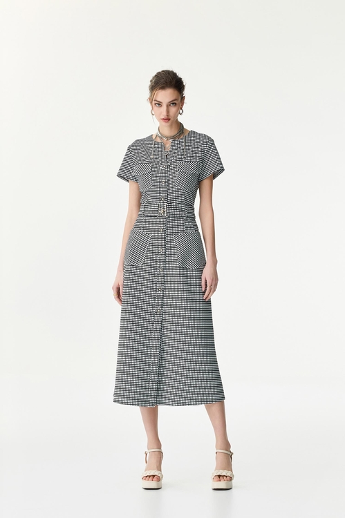 彈性格子開襟式長洋裝,長洋裝