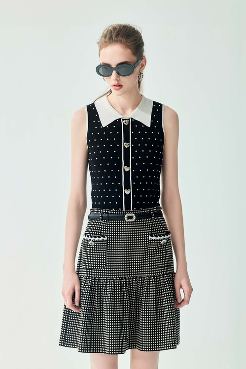 黑白配色燙鑽針織背心,黑色背心,黑色上衣