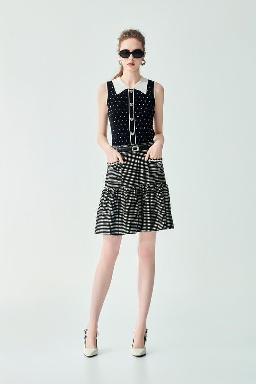 黑白配色燙鑽針織背心,黑色背心,黑色上衣