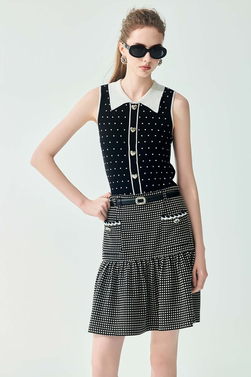 黑白配色燙鑽針織背心,黑色背心,黑色上衣