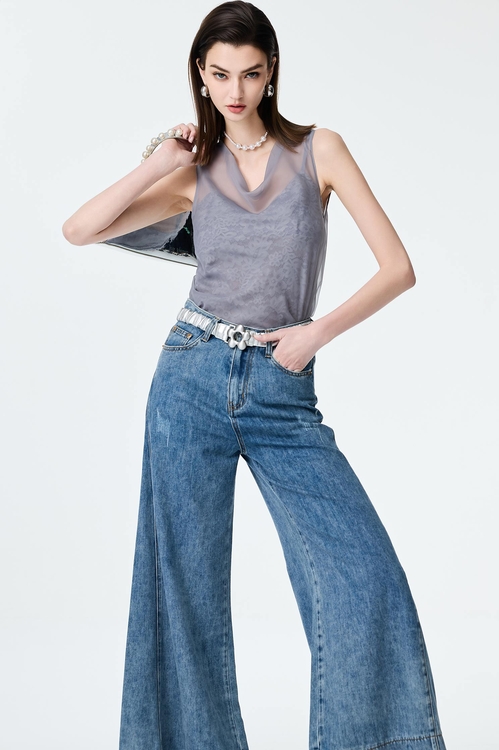 高級灰類烏干羅馬領背心上衣,蕾絲上衣