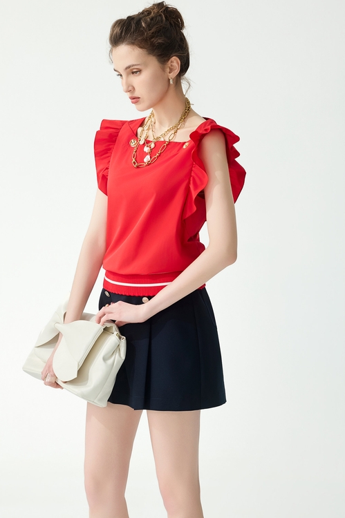 紅梅色花邊羅紋上衣,一般背心馬甲