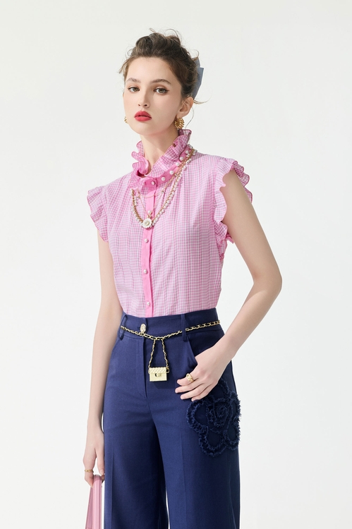 電光紫粉色細格紋上衣,春夏穿搭