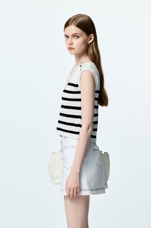 午夜藍條紋針織上衣,無袖上衣