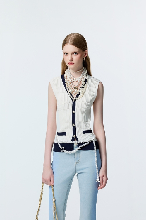 水手藍小香風鑲邊針織背心,無袖背心
