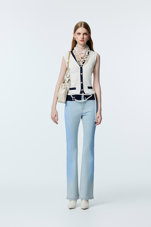 水手藍小香風鑲邊針織背心,無袖背心