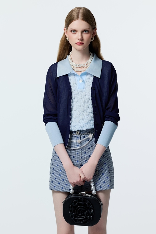 帆船藍立體球球壓紋上衣,波點