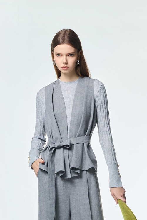 安靜灰背心式綁帶外套,無袖背心