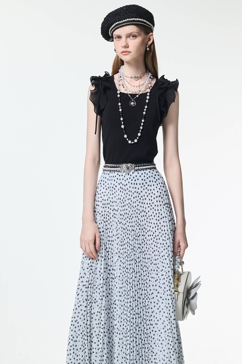 壓摺波浪荷葉背心針織,雪紡