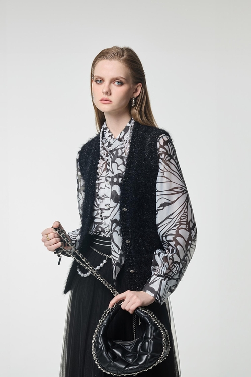 亮黑蔥紗Ｖ領針織背心,V領背心