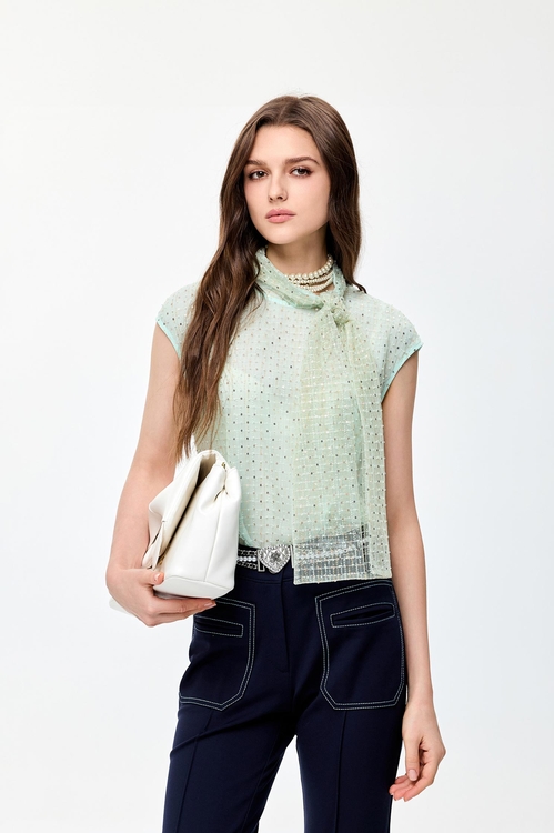 閃亮冰綠色綁結上衣,透膚上衣