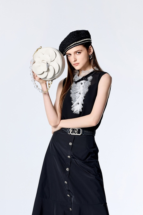 黑白拼接睫毛蕾絲雪紡背心,蕾絲背心