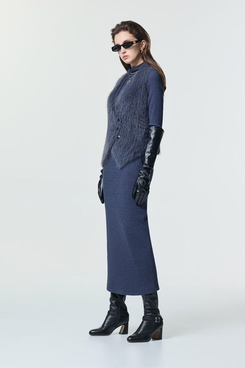 復古藍仿水貂毛針織背心,無袖背心