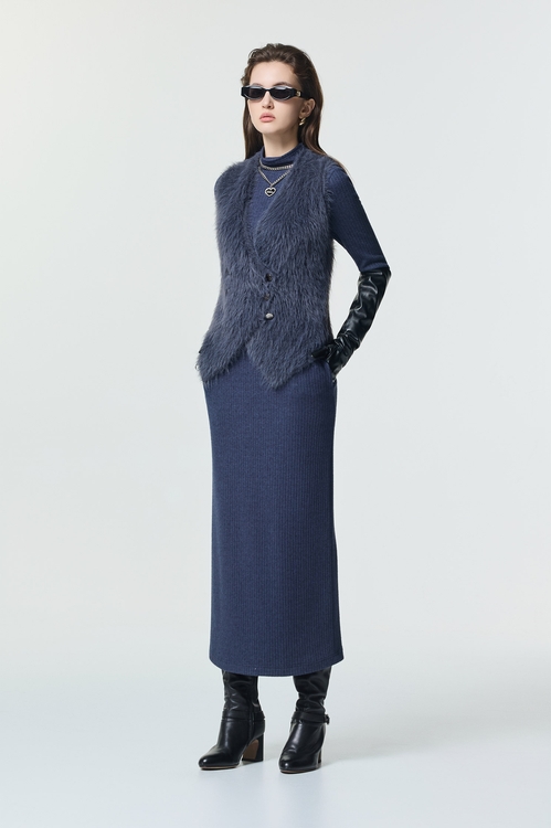 復古藍仿水貂毛針織背心,無袖背心