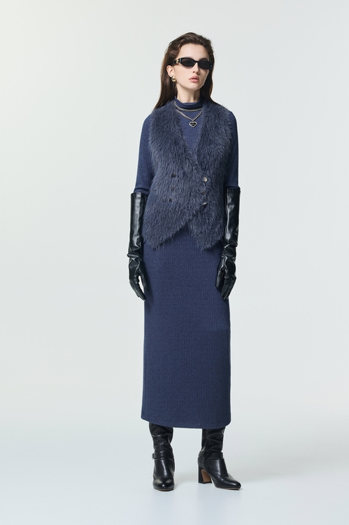 復古藍仿水貂毛針織背心,無袖背心