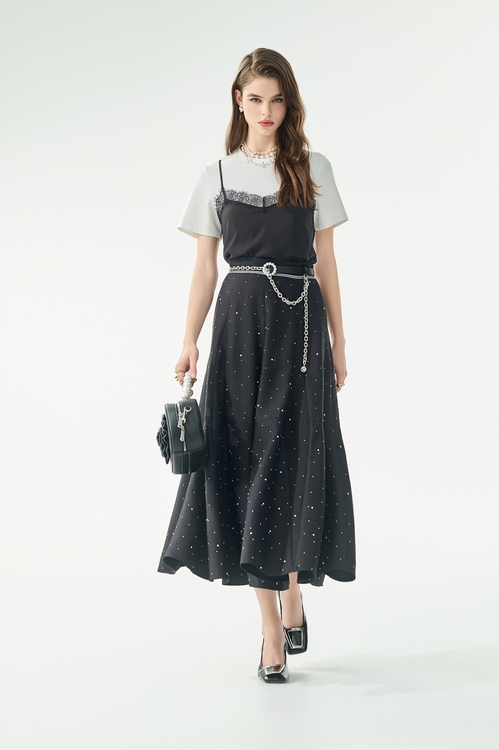 彈性紗典背心假兩件單品上衣,黑色背心,黑色上衣