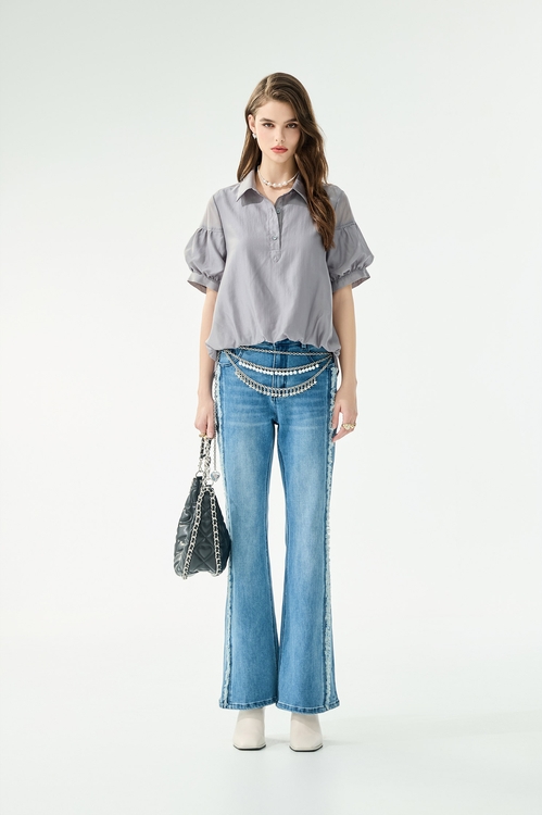 終極灰造型袖絲棉上衣,上衣