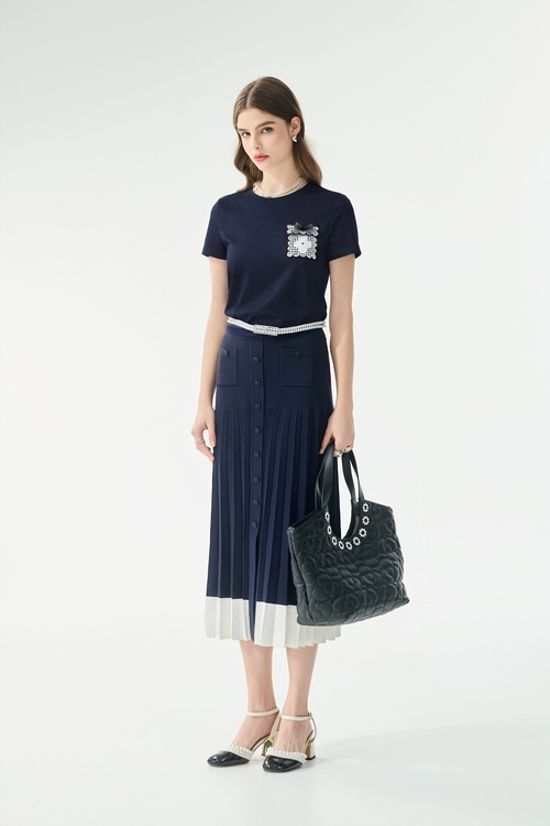 配色花瓣邊口袋Ｔ恤上衣,蕾絲