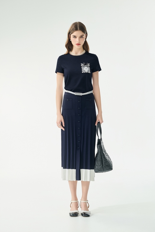 配色花瓣邊口袋Ｔ恤上衣,蕾絲