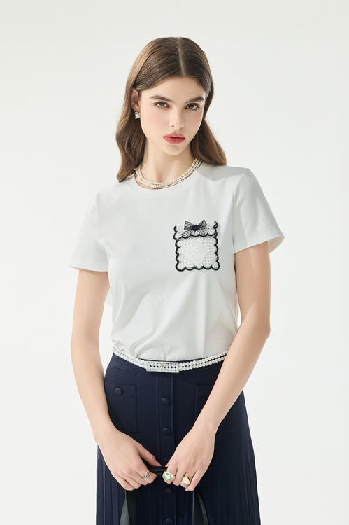 配色花瓣邊口袋Ｔ恤上衣,蕾絲