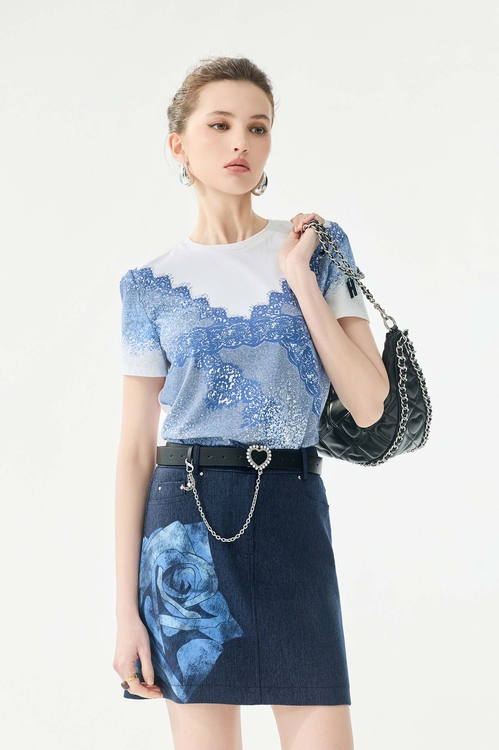 綴單寧藍蕾絲印花Ｔ恤上衣,白色上衣,白色背心