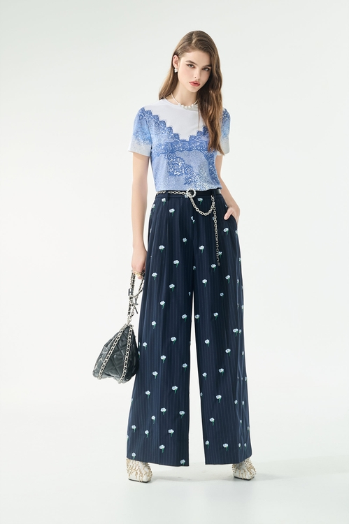 綴單寧藍蕾絲印花Ｔ恤上衣,白色上衣,白色背心