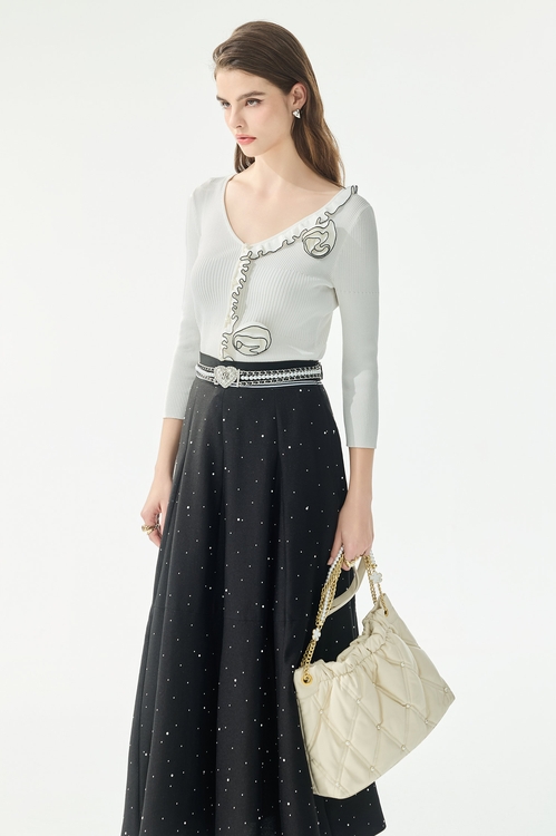 V領繞花坑條針織單品,荷葉