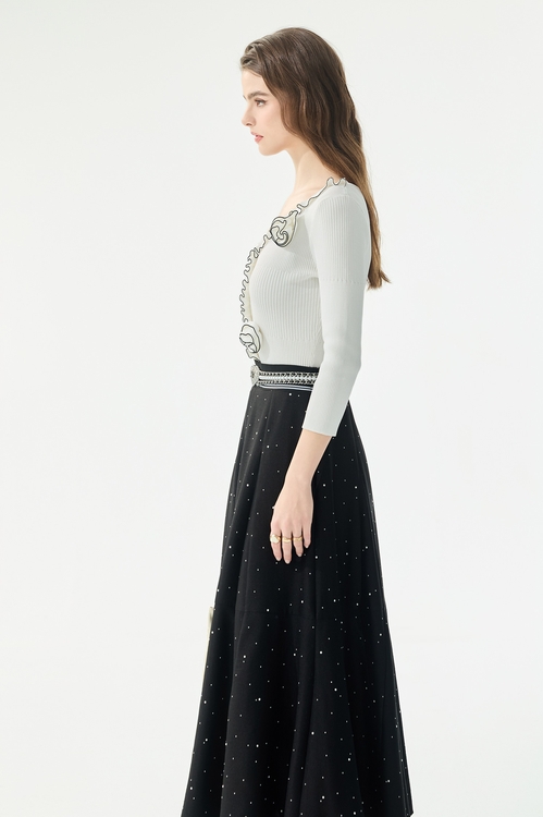 V領繞花坑條針織單品,荷葉