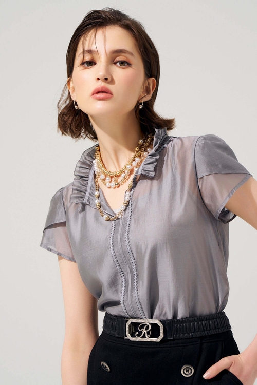 高級灰絲棉荷葉襯衫單品,透膚上衣