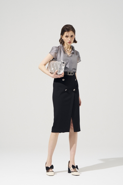 高級灰絲棉荷葉襯衫單品,透膚上衣