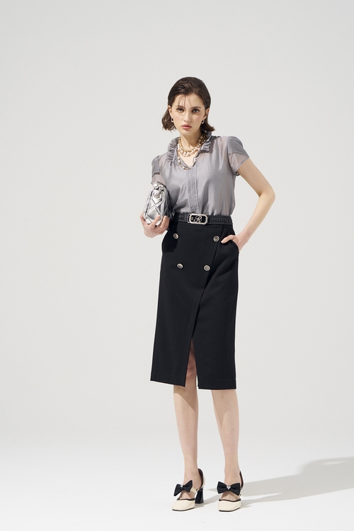 高級灰絲棉荷葉襯衫單品,透膚上衣