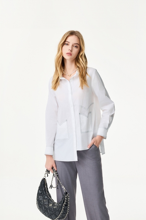 撞色綠線設計長版襯衫,長版襯衫