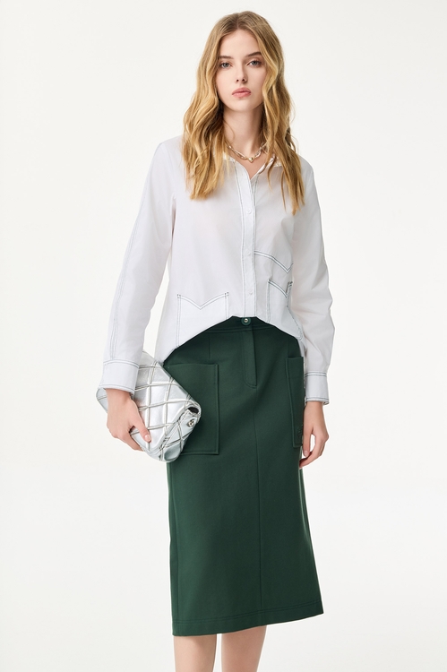 撞色綠線設計長版襯衫,長版襯衫