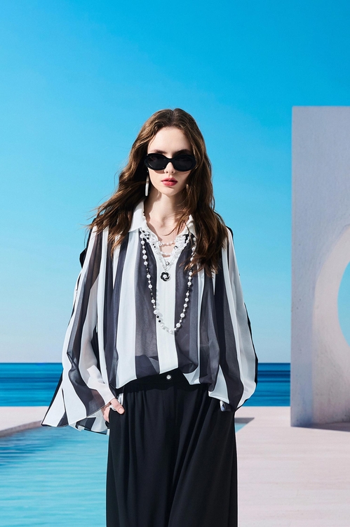 直條雪紡印花偽斗篷式單品,一般背心馬甲