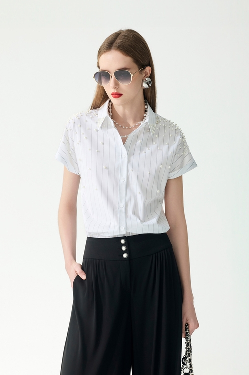 珍珠釘飾直條紋彈性襯衫,珍珠