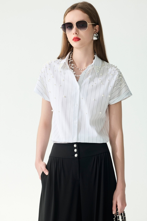 珍珠釘飾直條紋彈性襯衫,珍珠