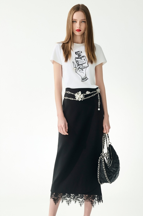 香水瓶繡花珍珠手工縫飾T恤,黑色背心,黑色上衣