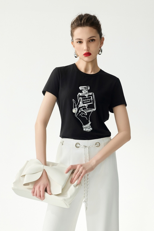 香水瓶繡花珍珠手工縫飾T恤,黑色背心,黑色上衣