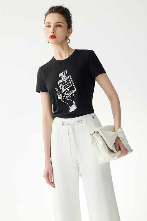 香水瓶繡花珍珠手工縫飾T恤,黑色背心,黑色上衣