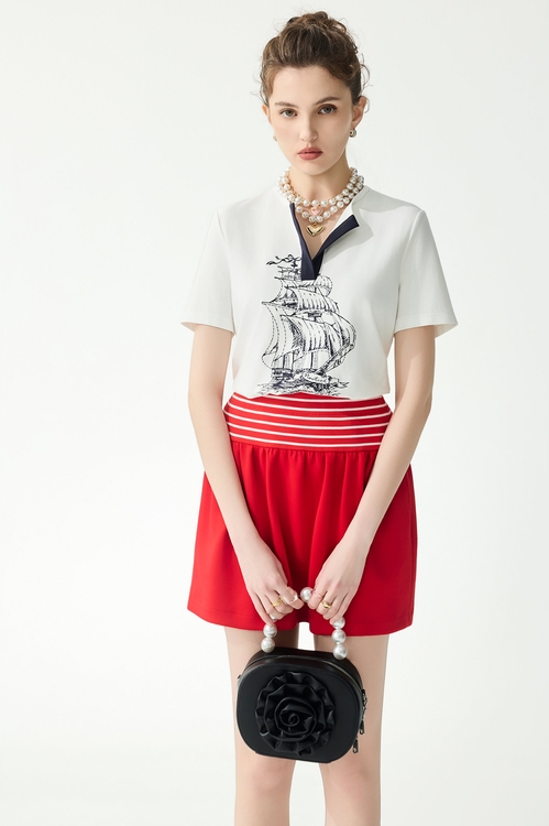 經典雙軌帆船刺繡Ｔ恤上衣,白色上衣,白色背心