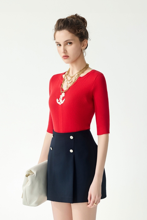 紅梅色綴船錨針織上衣,繡花,刺繡