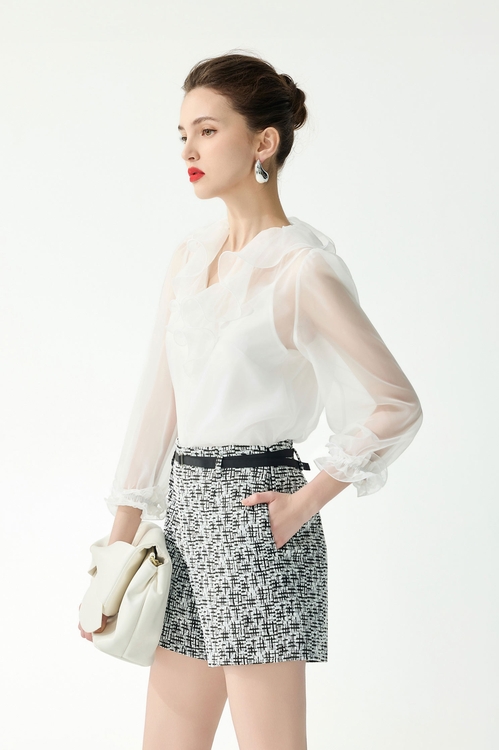 雪白V領荷葉七分袖上衣,雪紡