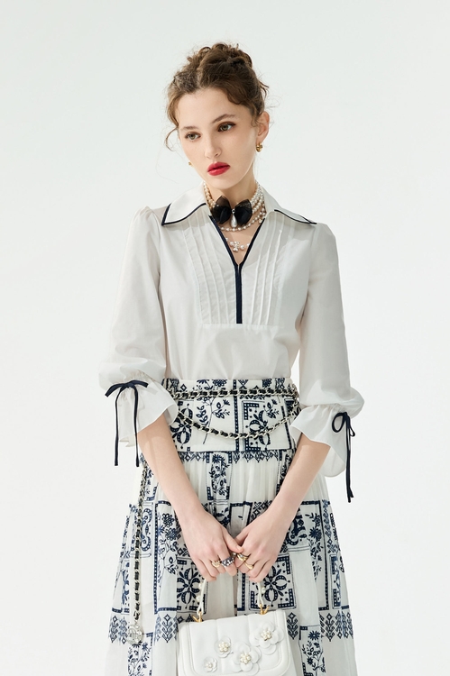 海洋洞穴色飾邊上衣,V領上衣