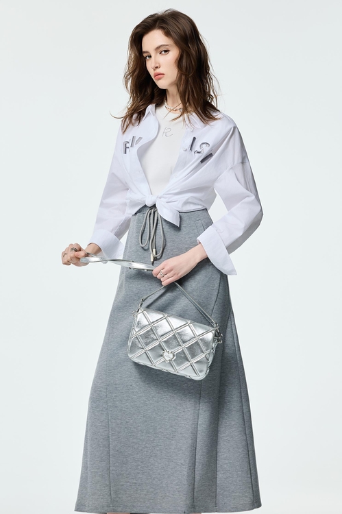 丁香灰刺繡長版襯衫,長版襯衫