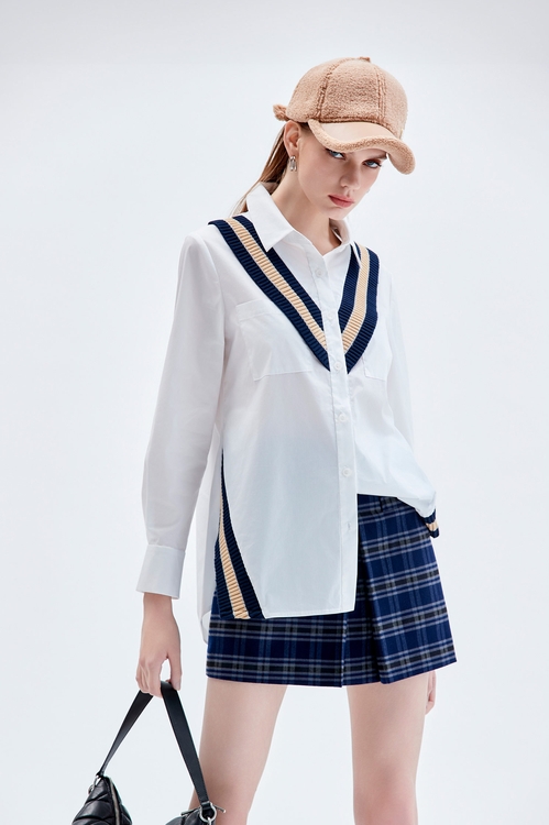 學院風拼羅紋襯衫,長版襯衫