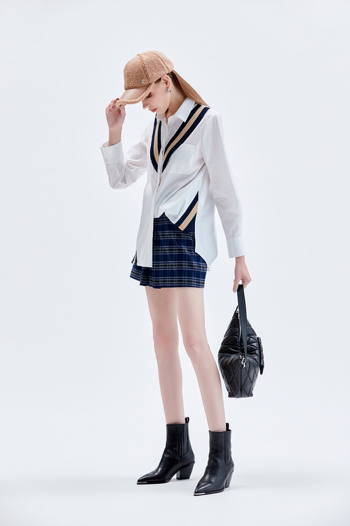 學院風拼羅紋襯衫,長版襯衫