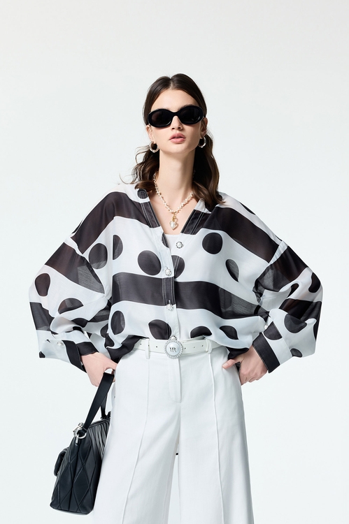 黑白大波點條紋絲棉襯衫,波點