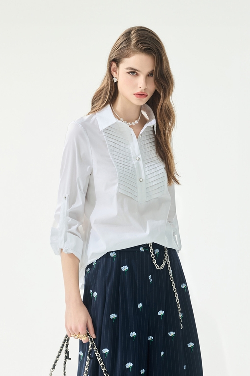 抓褶裝飾彈性長袖襯衫,珍珠